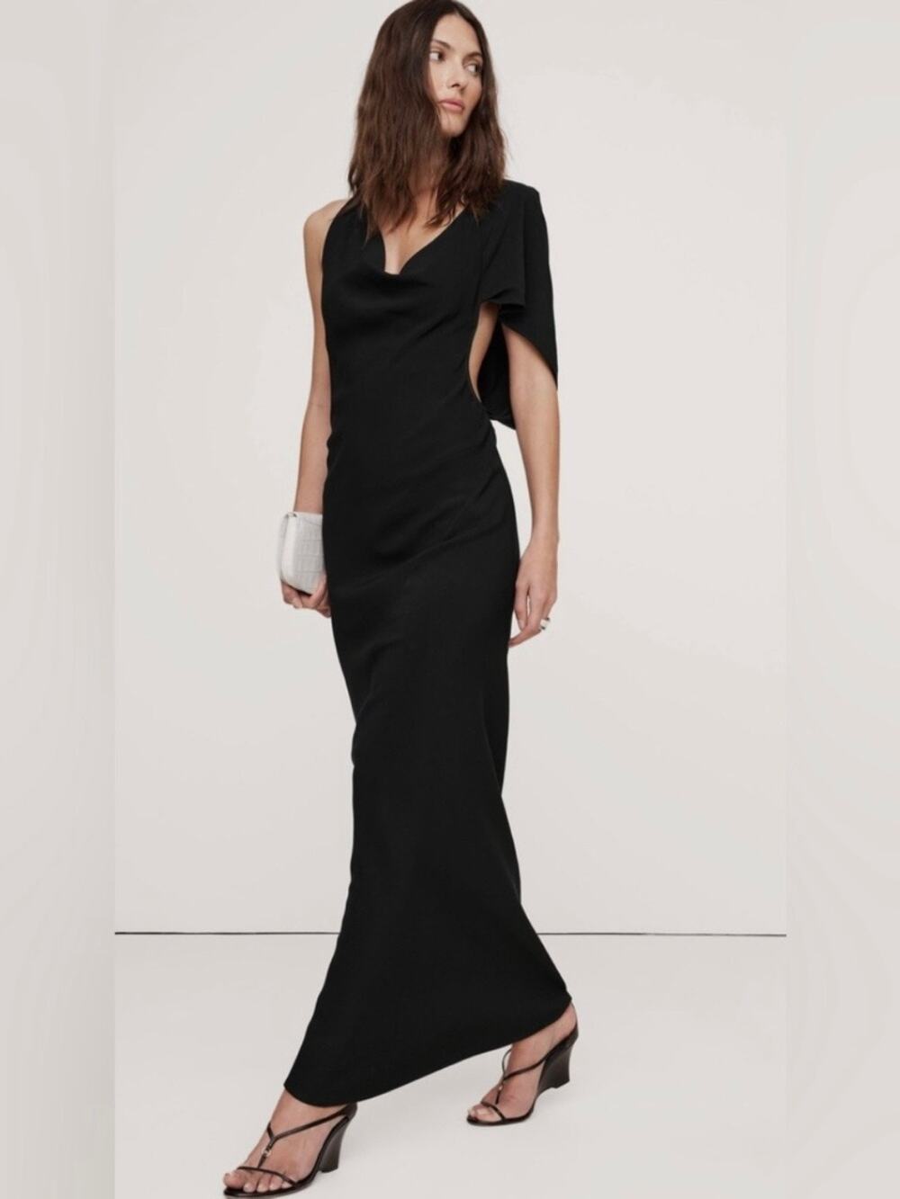 Banana Republic Stretch Crepe Asymmetrical Open Back Maxi Dress NEW Black 4